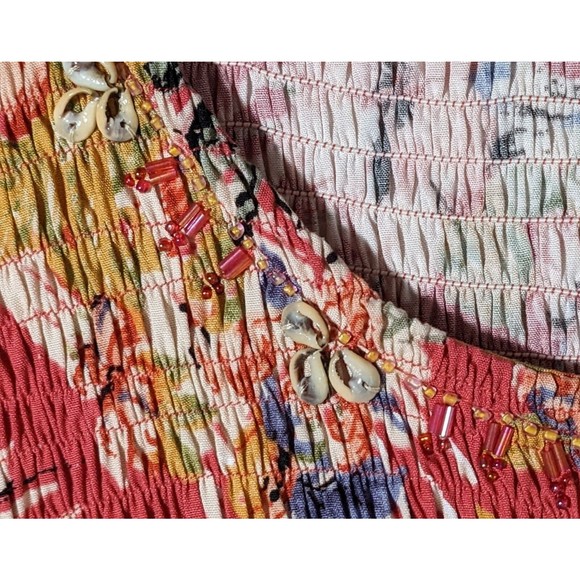 Faith Maxi Red Floral Dress, Tropical, Button Side Slit, Beaded Accents - Picture 5 of 16